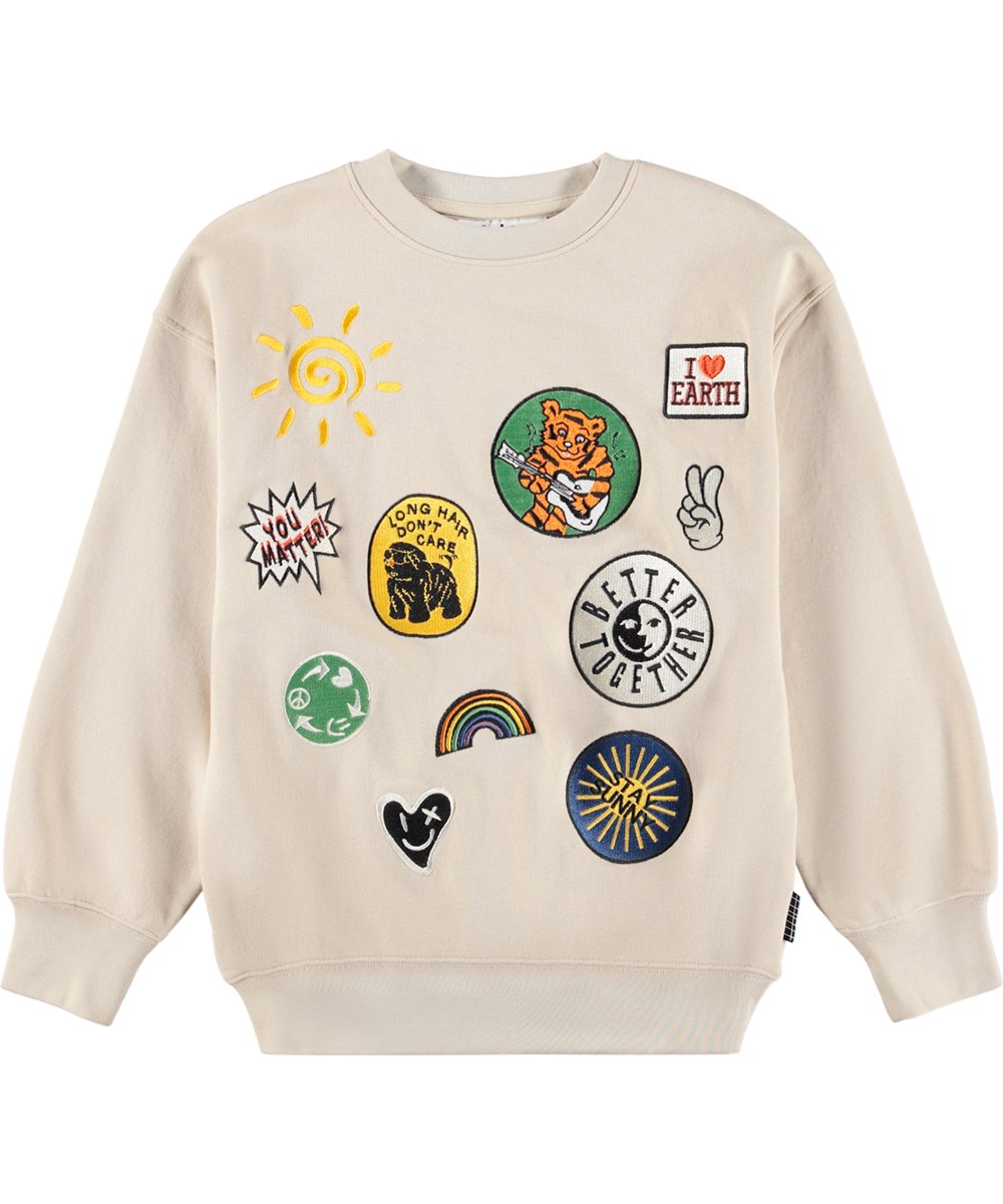 Mar - Patch Party - Beige sweatshirt för barn i ekologisk bomull med ett broderi