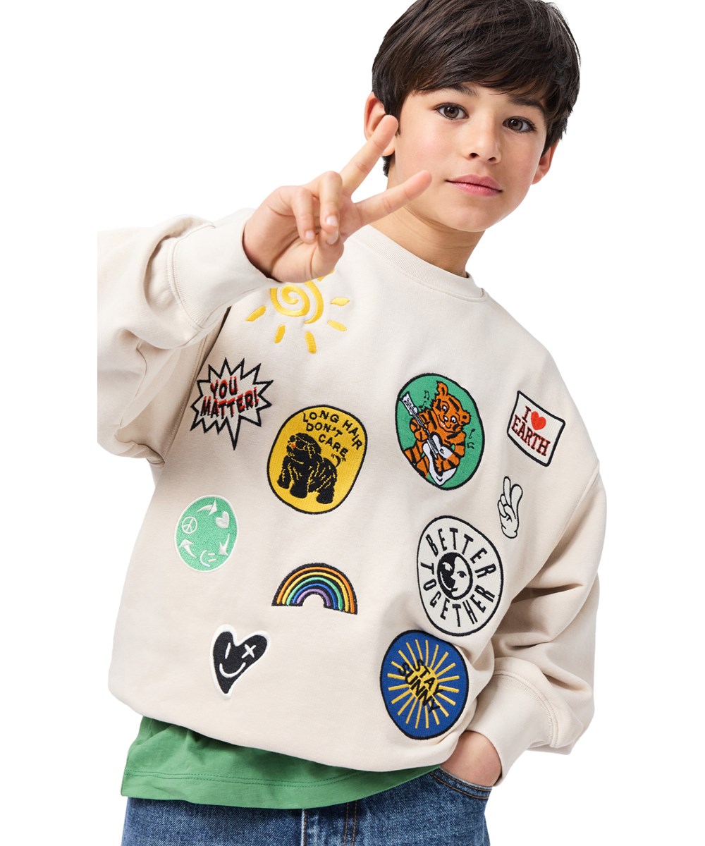 Mar - Patch Party - Beige sweatshirt för barn i ekologisk bomull med ett broderi