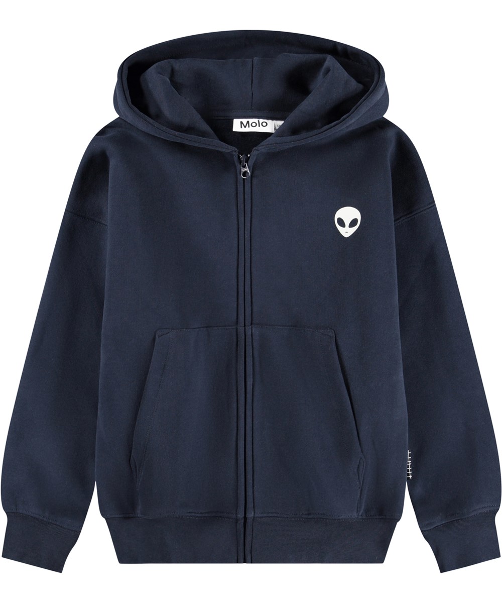 Marley - Galaxy Blue - Mörkblå hoodie med dragkedja för barn i bomull med en utomjording.