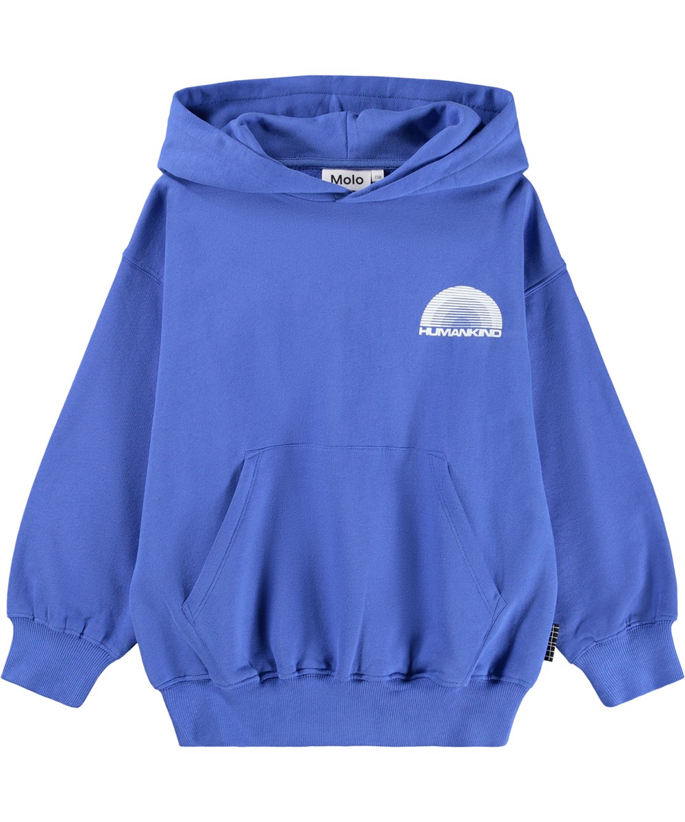 Marlo - Dazzling Blue - Blå hoodie för barn i ekologisk bomull med tryck.