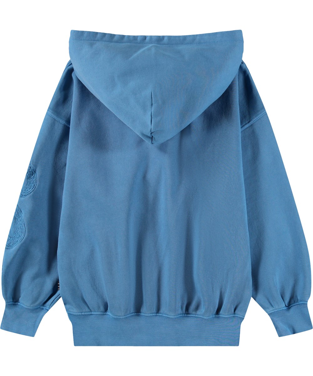Marlo - Swell Blue - Blå huvtröja för barn i ekologisk bomull med broderi