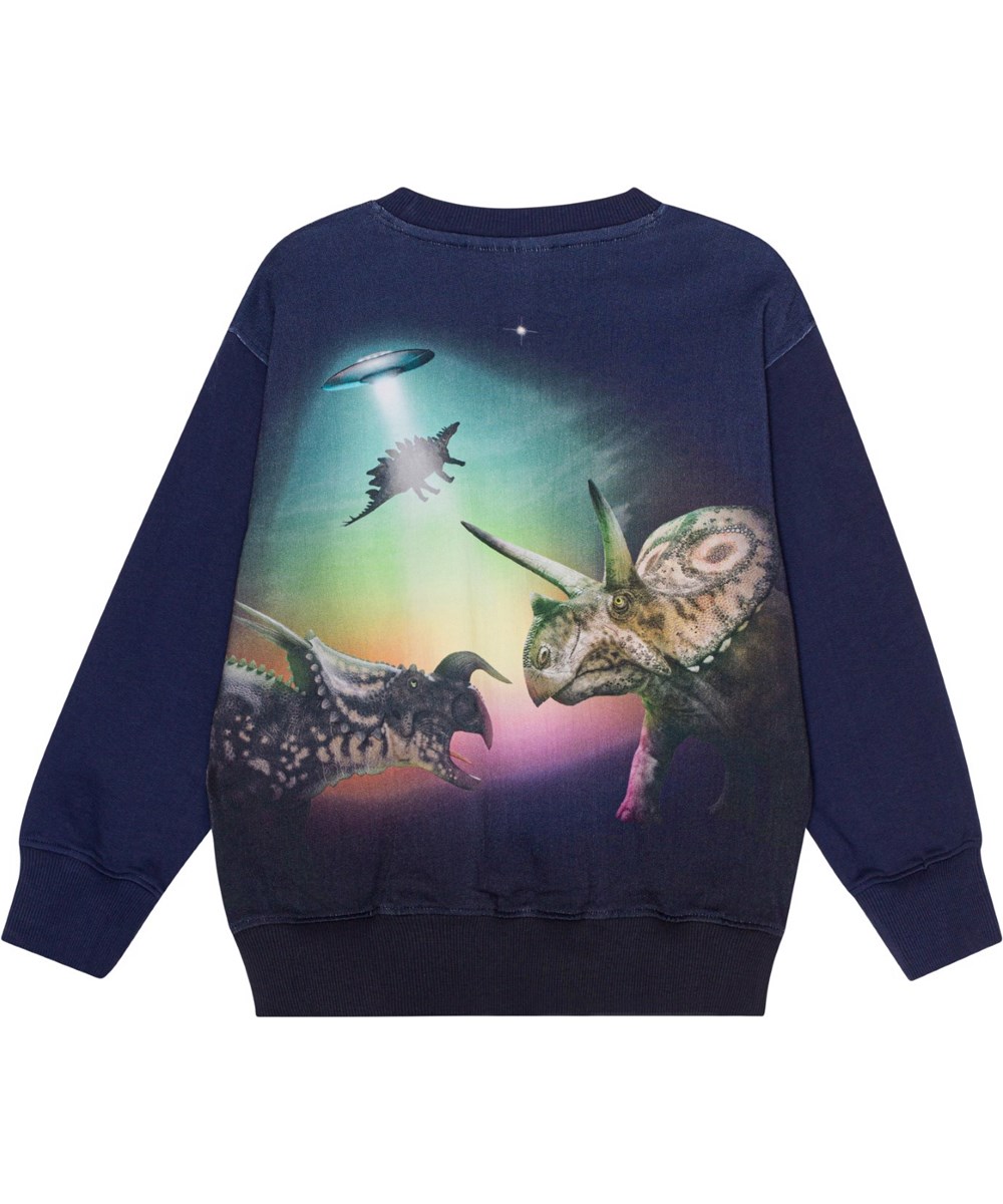 Mattis - Beam Up Dinos - Blå ekologisk sweatshirt med dino och ufo. 