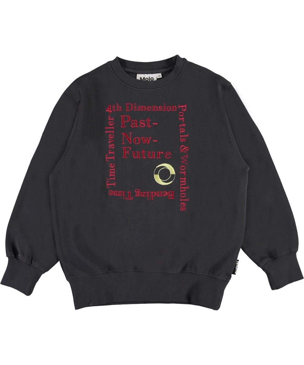 Mattis - Night Grey - Mörkgrå sweatshirt med broderad text 