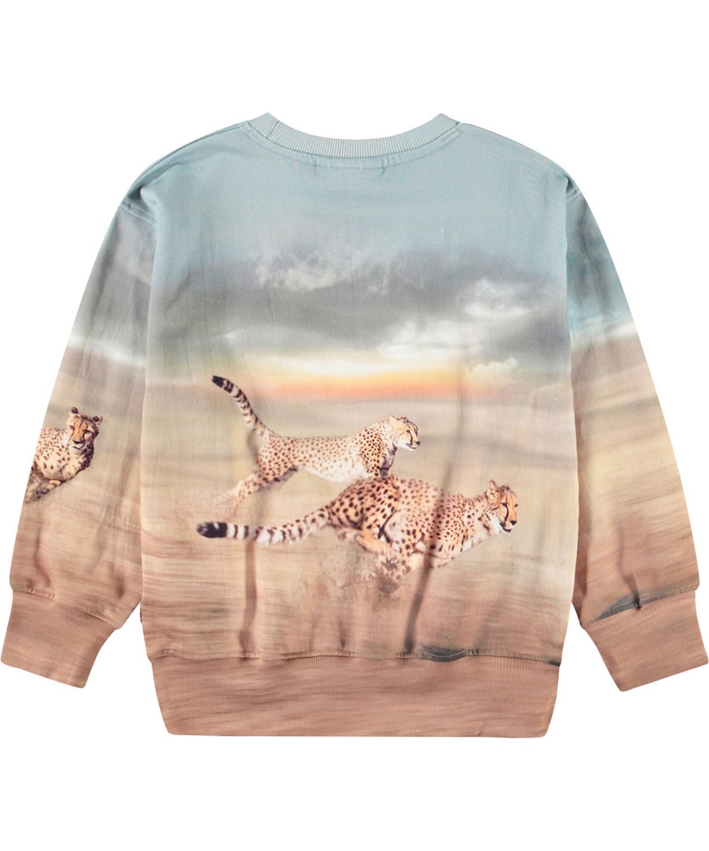 Mattis - Running Cheetahs - Blå och brun tröja med tryck för barn i mjuk ekologisk bomull med ribbade kanter vid halsen, ärmar och nederkant på tröjan.