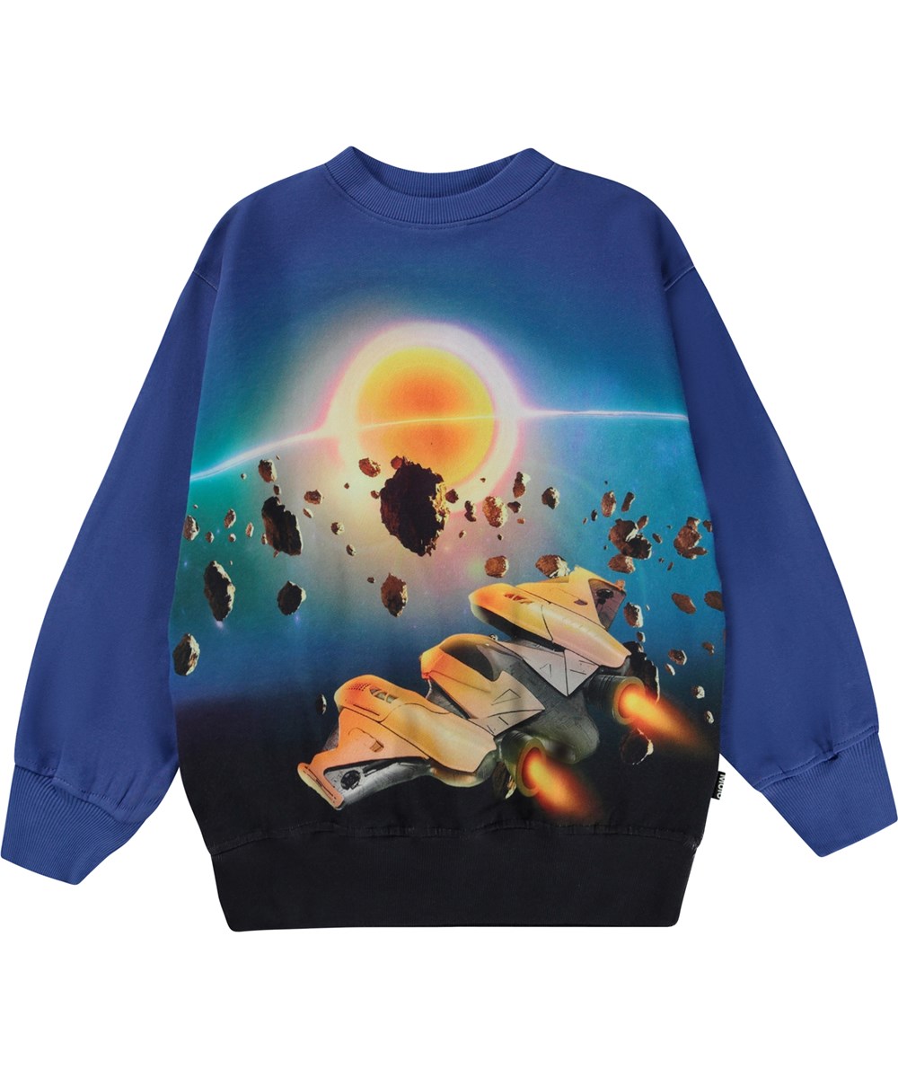 Mattis - Space Flight - Blå ekologisk sweatshirt med rymdmönster.