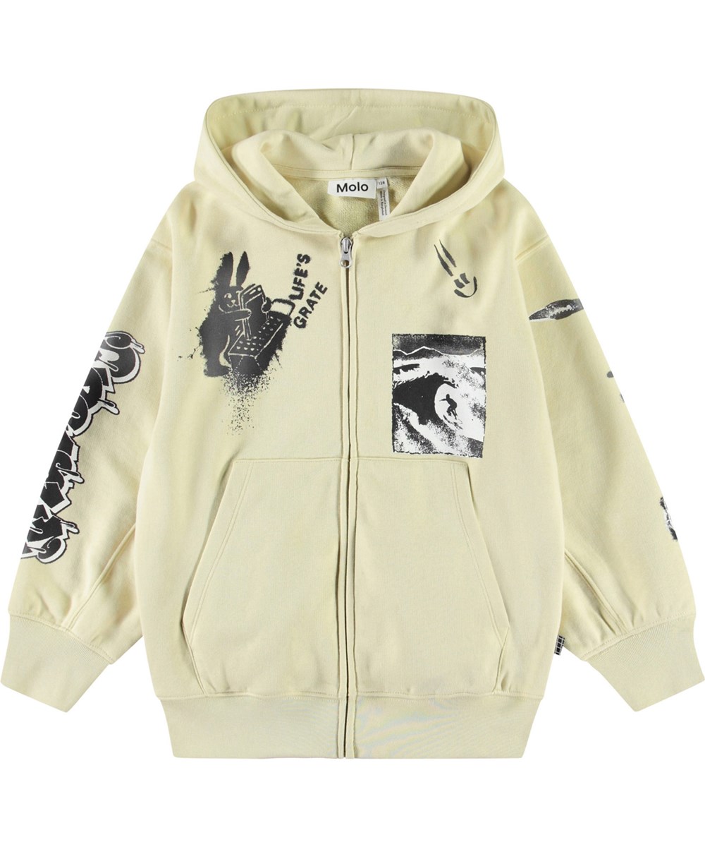 Mazz - Alabaster - Off-white hoodie med dragkedja och påsficka för barn i mjuk ekologisk bomull, med muddar vid ärmslut och nederkant på luvan.