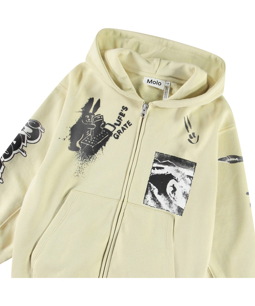 Mazz - Alabaster - Off-white hoodie med dragkedja och påsficka för barn i mjuk ekologisk bomull, med muddar vid ärmslut och nederkant på luvan.