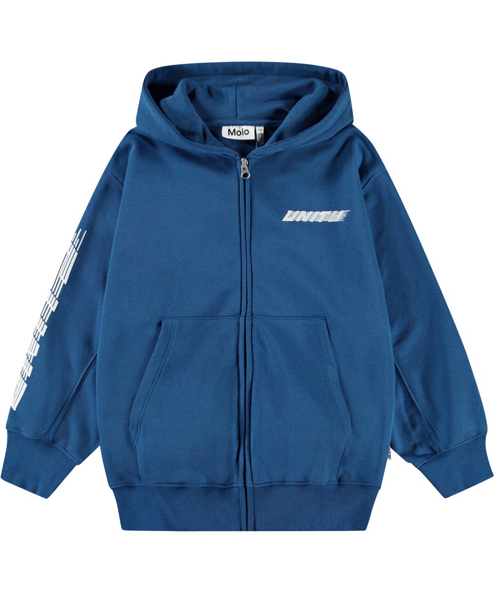 Mazz - Best Blue - Blå hoodie med dragkedja och påsficka för barn i mjuk ekologisk bomull, med muddar vid ärmslut och nederkant på hoodien.