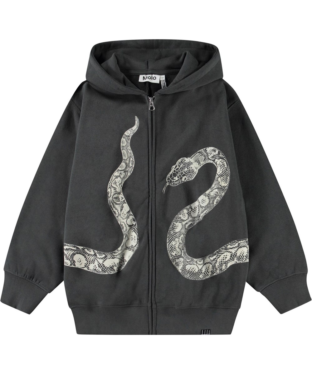 Mazzo - Unexplored - Mörkgrå zip-up hoodie för barn i mjuk bomull med muddar på ärmar och nederkant av luvtröjan.