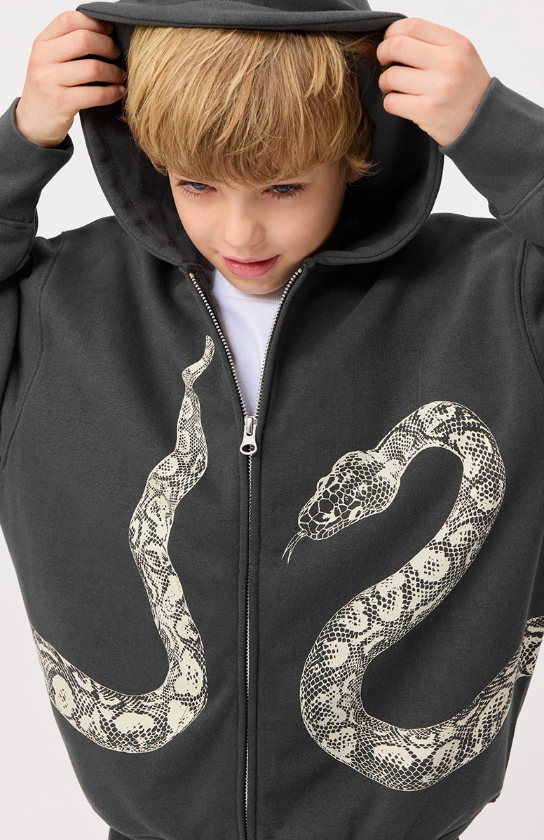 Mazzo - Unexplored - Mörkgrå zip-up hoodie för barn i mjuk bomull med muddar på ärmar och nederkant av luvtröjan.