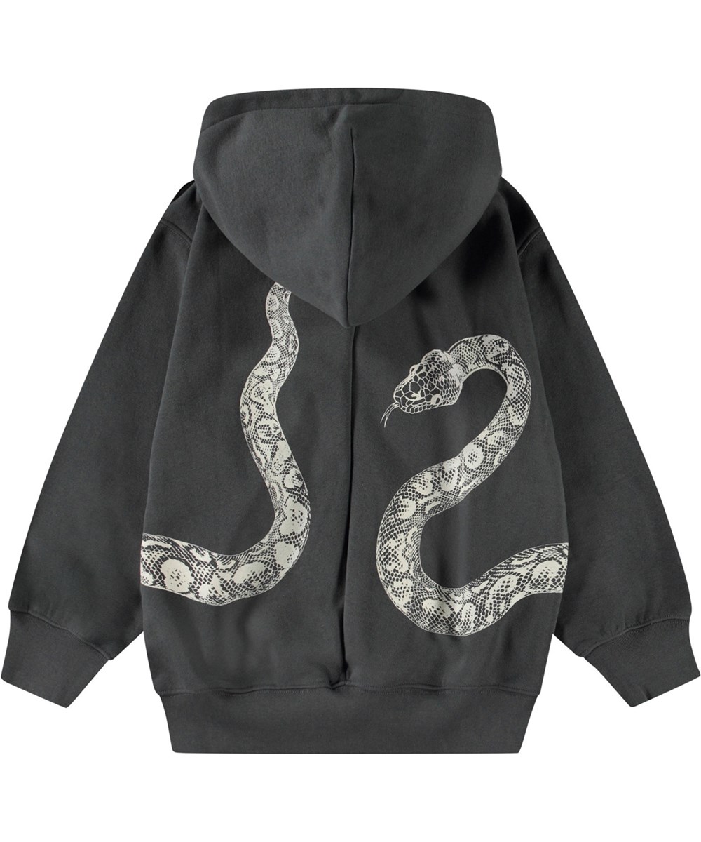 Mazzo - Unexplored - Mörkgrå zip-up hoodie för barn i mjuk bomull med muddar på ärmar och nederkant av luvtröjan.