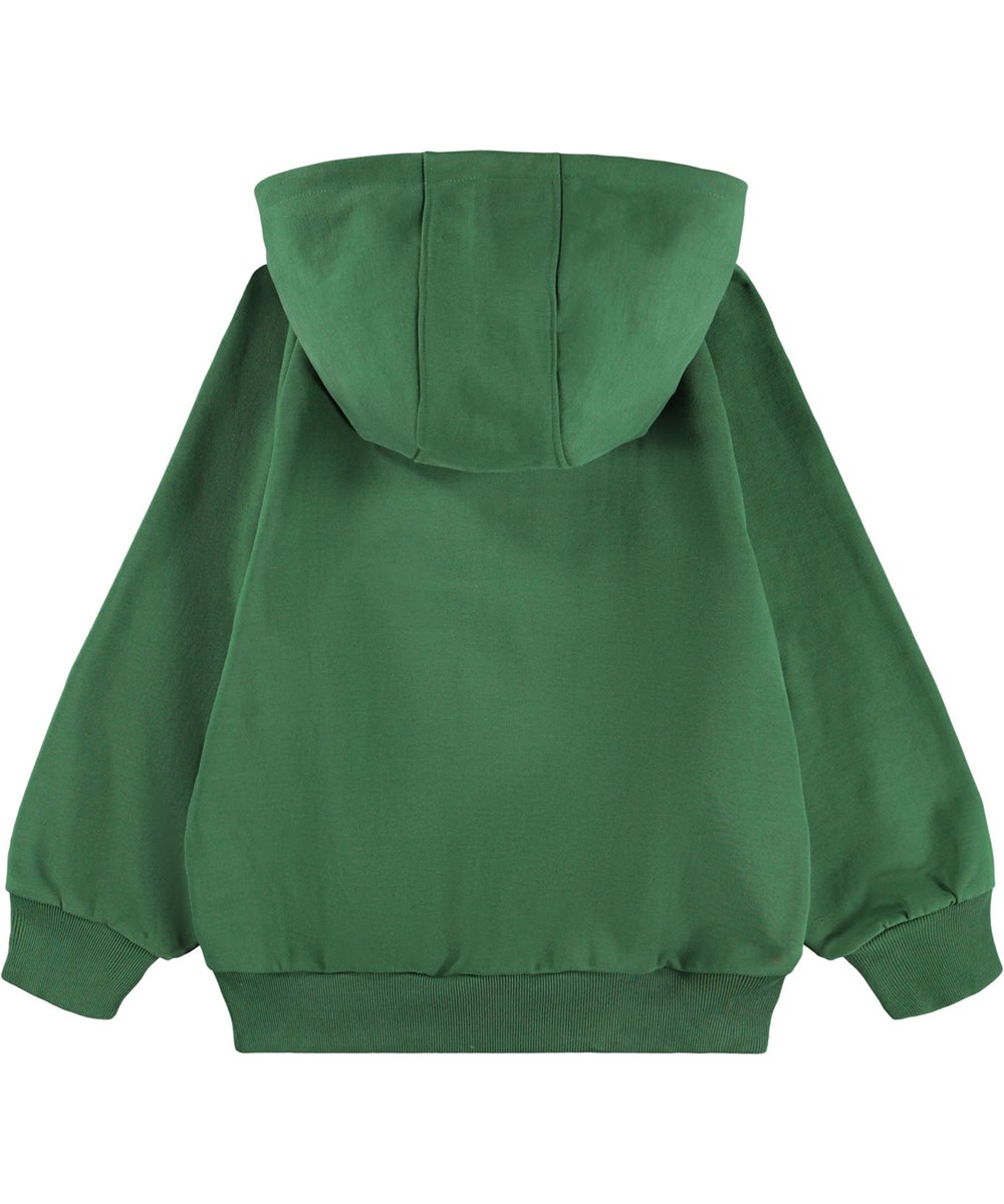 Mic - Pine Tree - Grön hoodie för barn i ekologisk bomull med ett svart/vitt tryck med texten ''Universal Curiosity''.