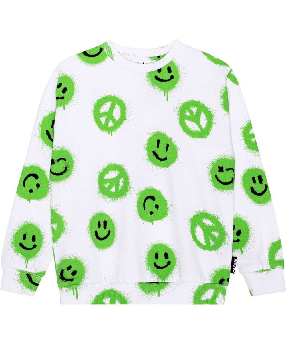 Miksi - Easy Peacy Vert - Vit ekologisk sweatshirt med gröna smileys och peacetecken. 