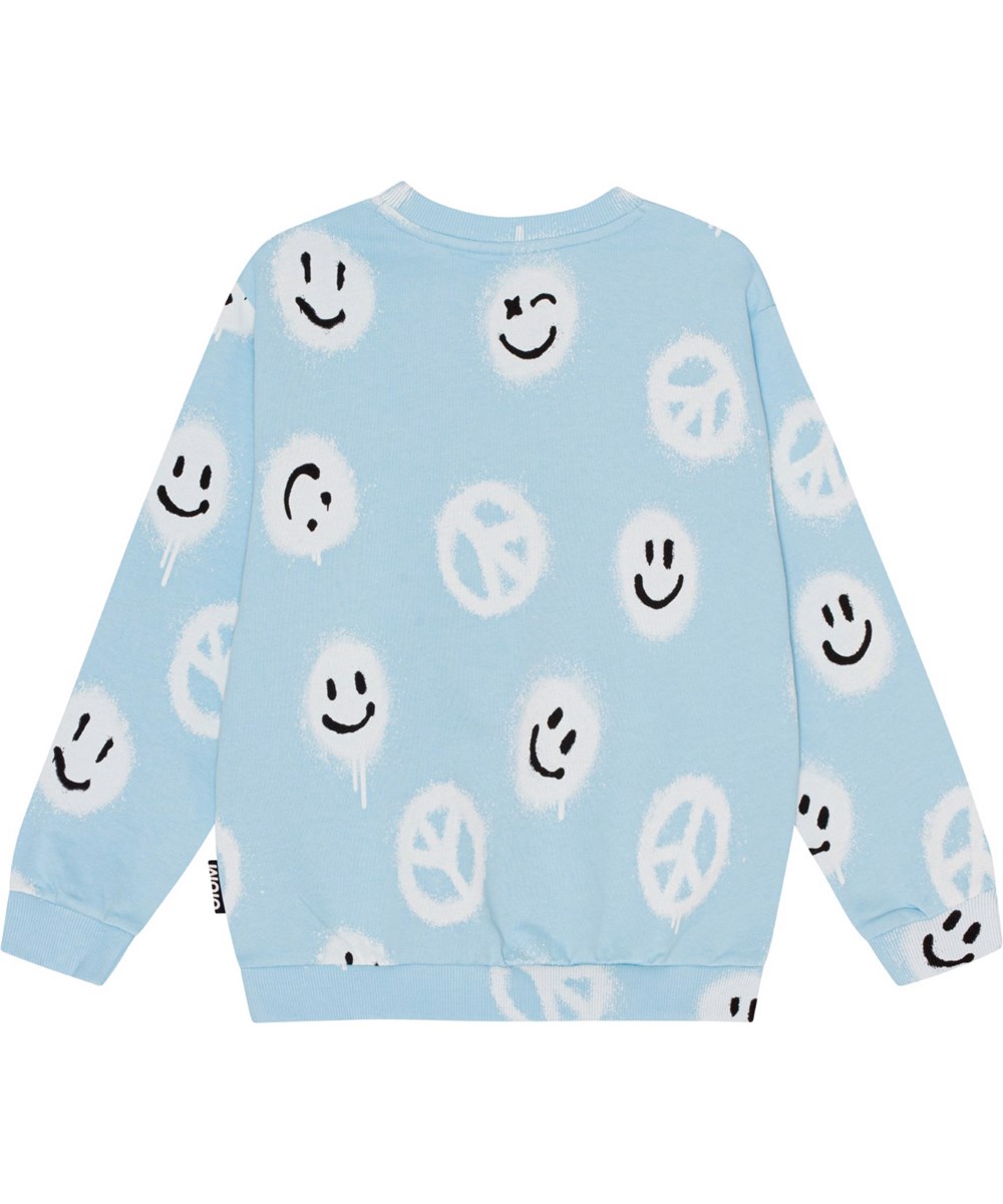 Miksi - Pool Easy Peacy - Blå ekologisk sweatshirt med smileys och peacetecken. 