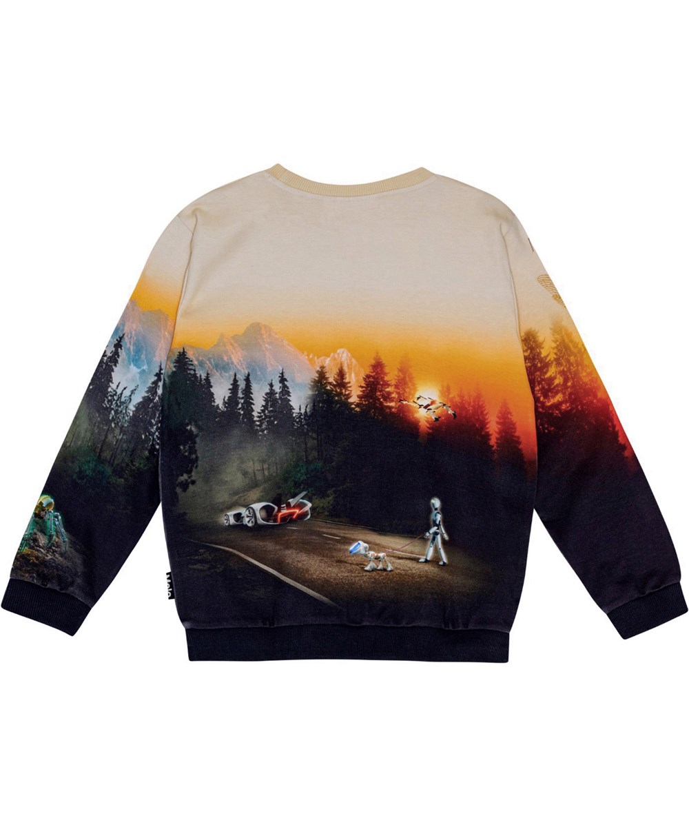 Miksi - Virtual World - Multifärgad sweatshirt i ekologisk bomull med tryck av robot-dino och normal passform.