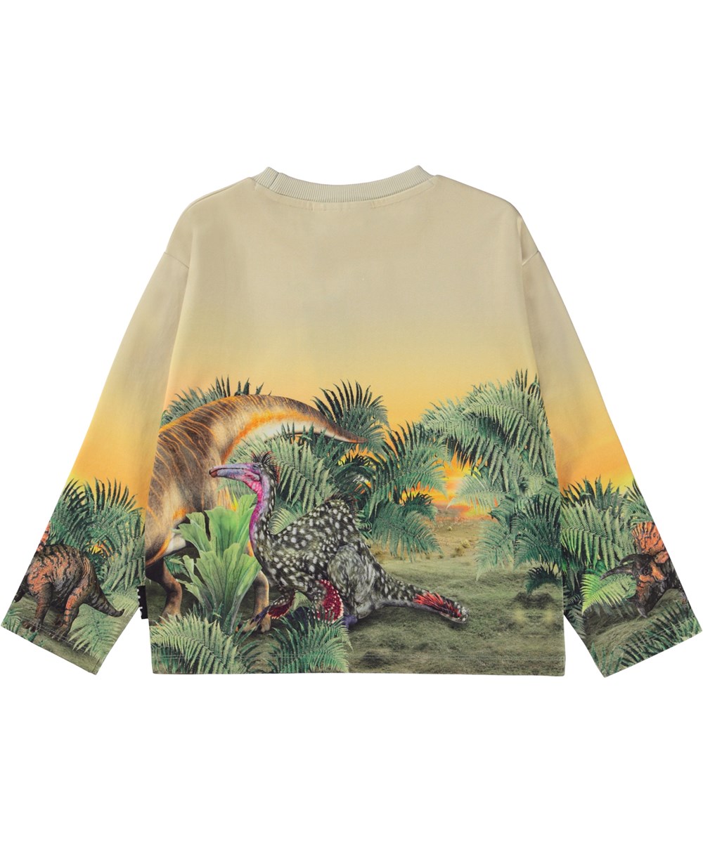 Monte -  Friendly Dinos - Gul ekologisk sweatshirt med dinosaureier.