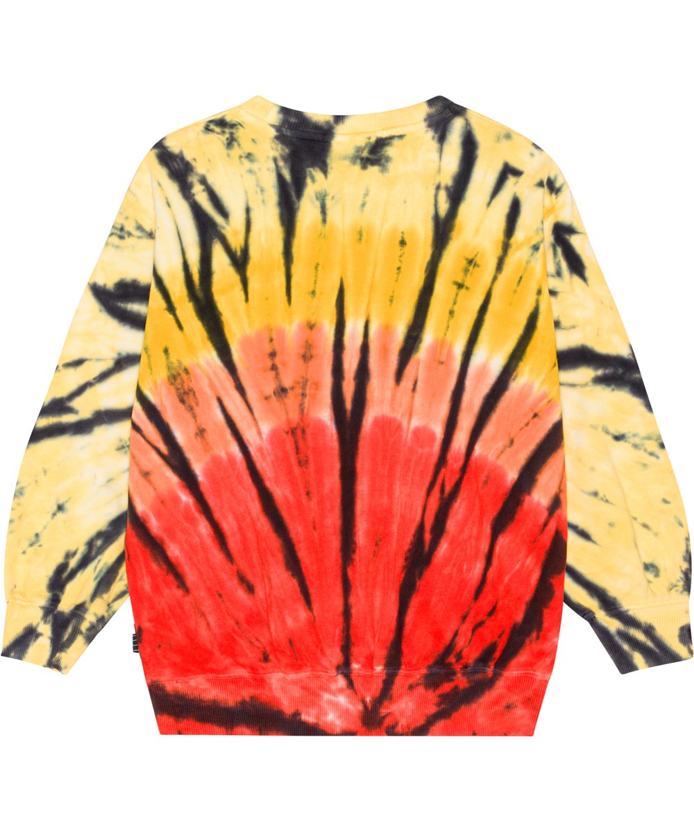 Monti - Fire Dye - Ekologisk sweatshirt med tie-dye i röd orange och gula nyanser.