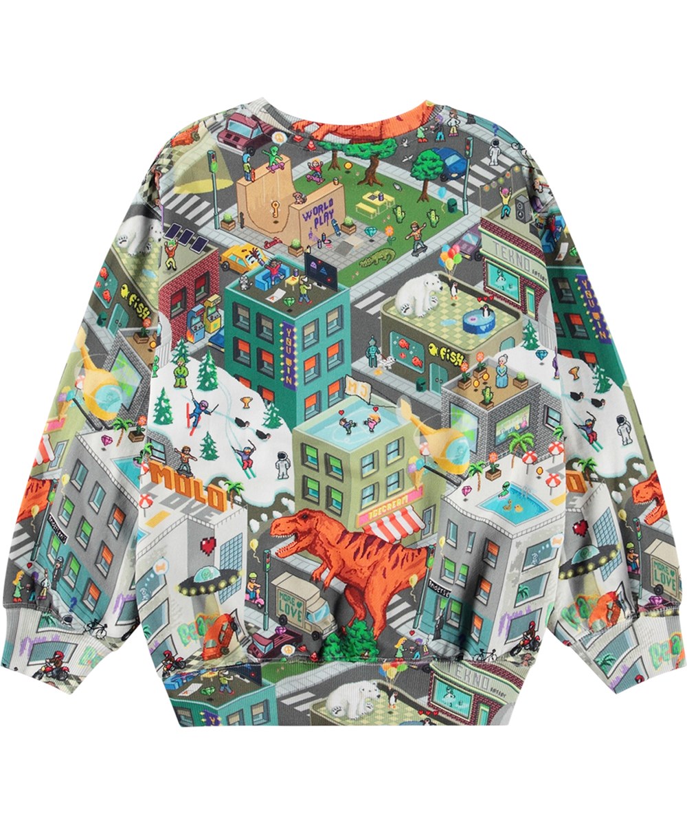 Monti - Pixelhagen - Multifärgad sweatshirt i ekologisk bomull med nostalgisk spelhalls-datorgrafiktryck.