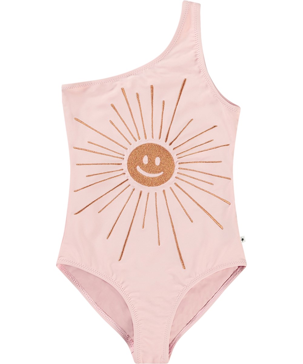 Nai - Glowing - Pink one-shoulder swimsuit for active children in recycled polyester with UV protection 50+.