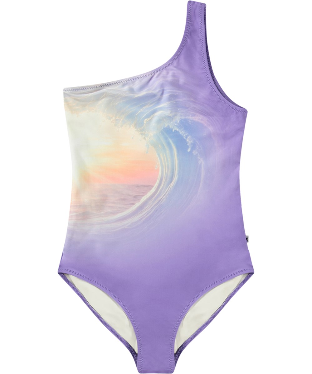 Nai - Over The Sea - Purple one-shoulder swimsuit for children in recycled polyester with UV protection 50+.