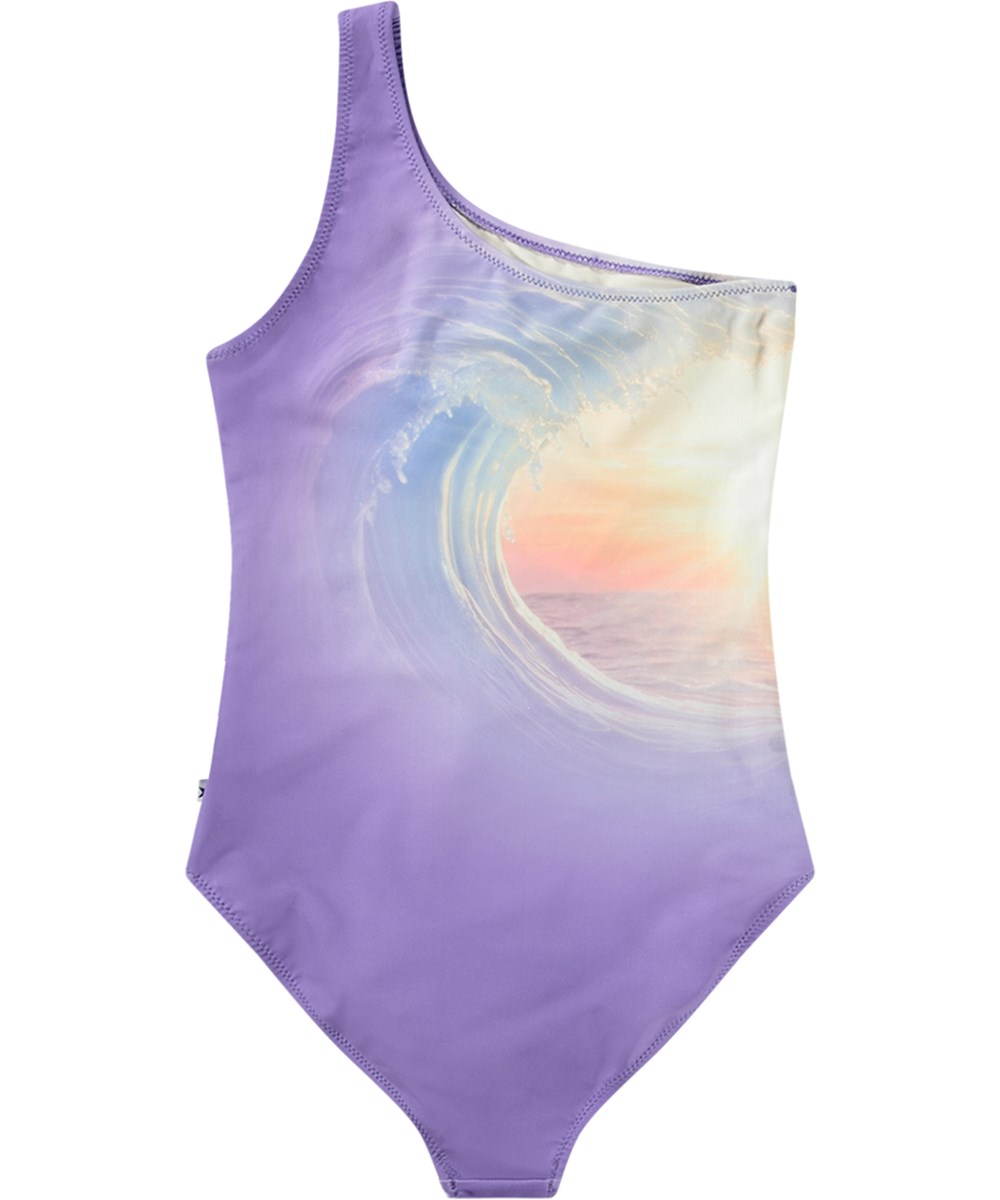Nai - Over The Sea - Purple one-shoulder swimsuit for children in recycled polyester with UV protection 50+.