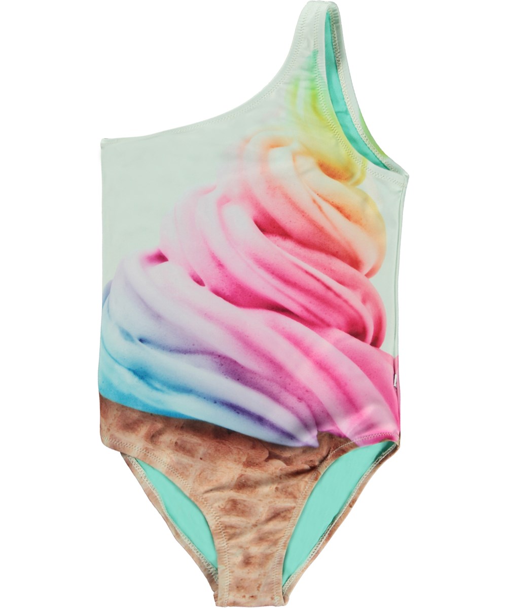 Nai - Rainbow Softice - Multi-coloured, one shoulder swimsuit in all over rainbow and soft serve ice cream print 