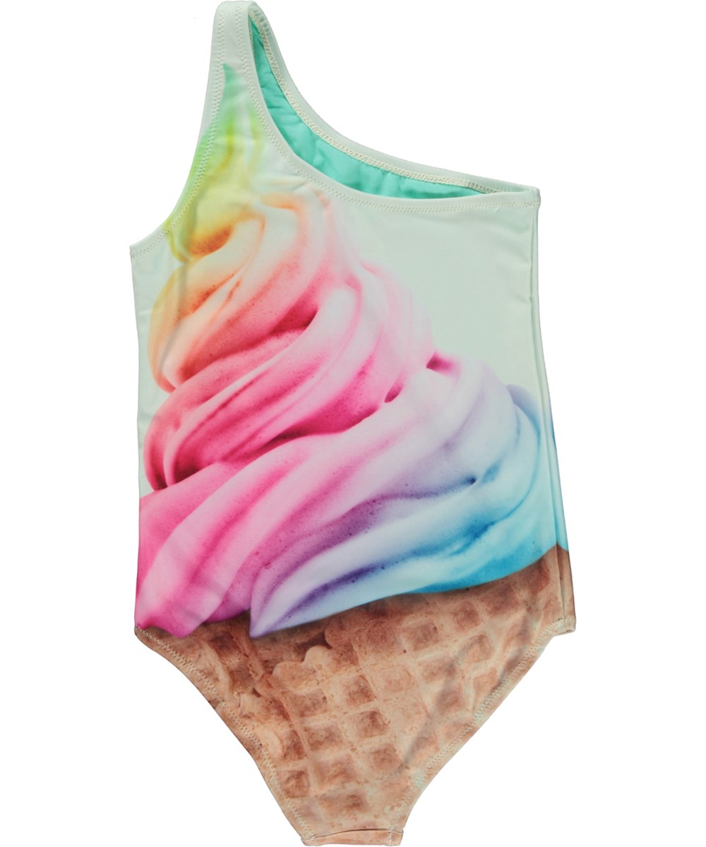 Nai - Rainbow Softice - Multi-coloured, one shoulder swimsuit in all over rainbow and soft serve ice cream print 