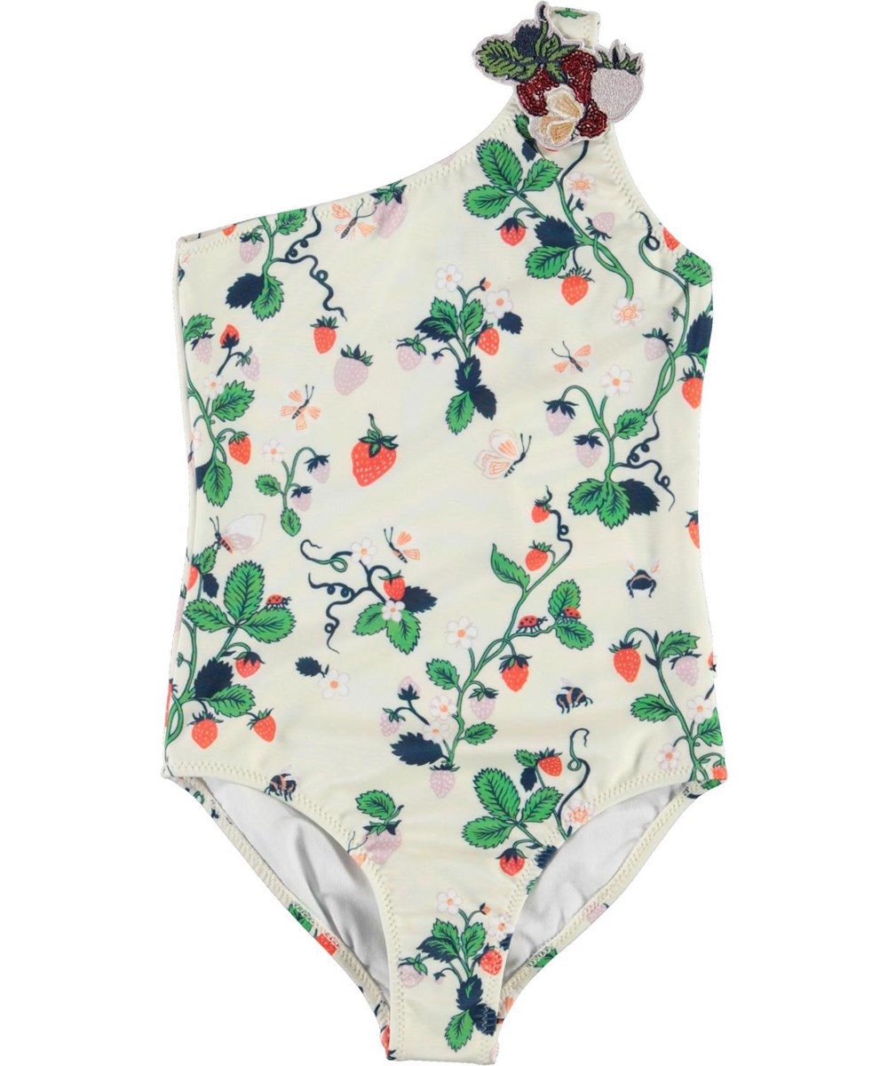 Nai - Strawberries - UV diagonal swimsuit with strawberry plant drawings