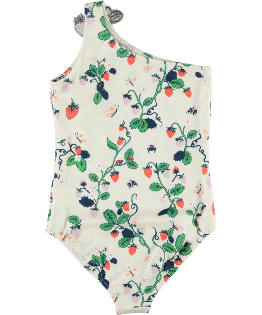 Nai - Strawberries - UV diagonal swimsuit with strawberry plant drawings