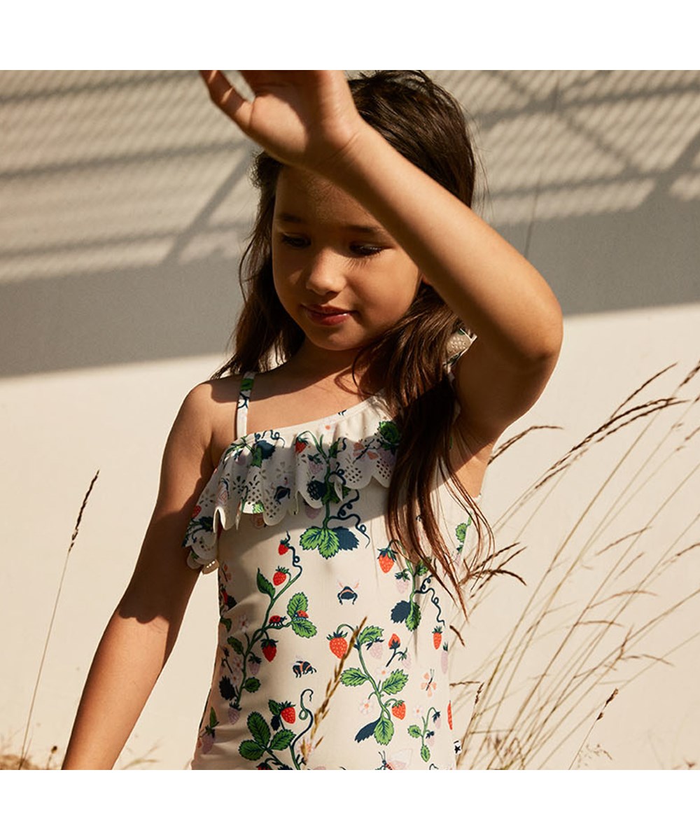 Nai - Strawberries - UV diagonal swimsuit with strawberry plant drawings