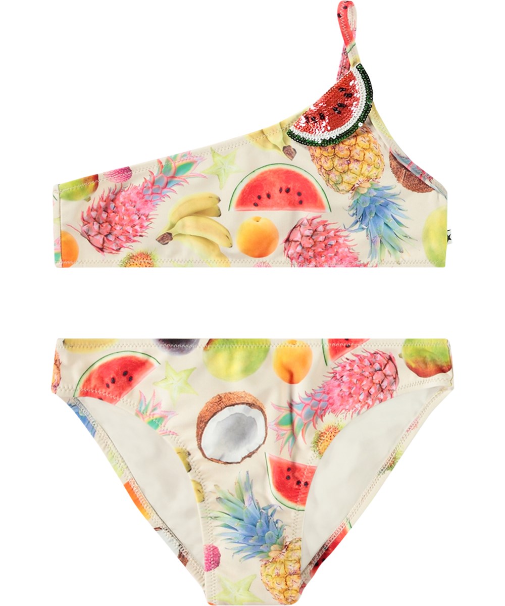 Naja - Magical Fruits - White asymmetrical bikini for children in recycled polyester with UV protection 50+.