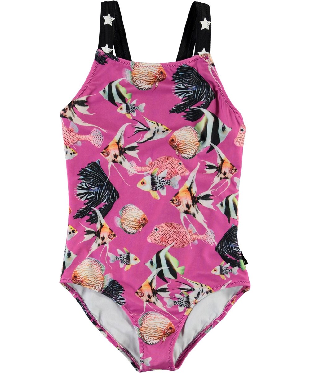 Nakia - Beauty Of The Sea - UV fuchsia swimsuit with fish 