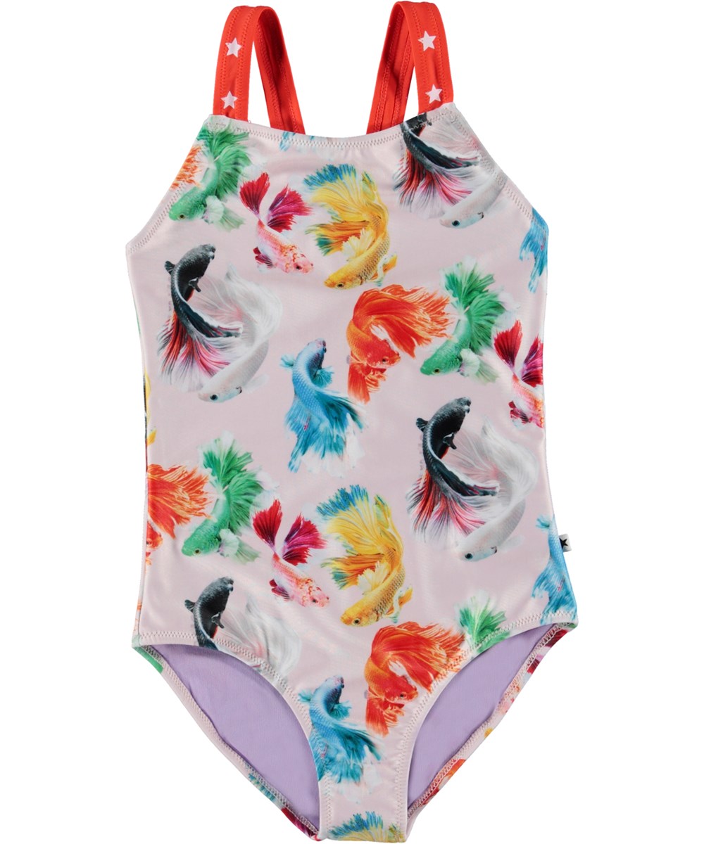 Nakia - Betta Flowers - Pink swimsuit with multi-coloured, all over fish print 