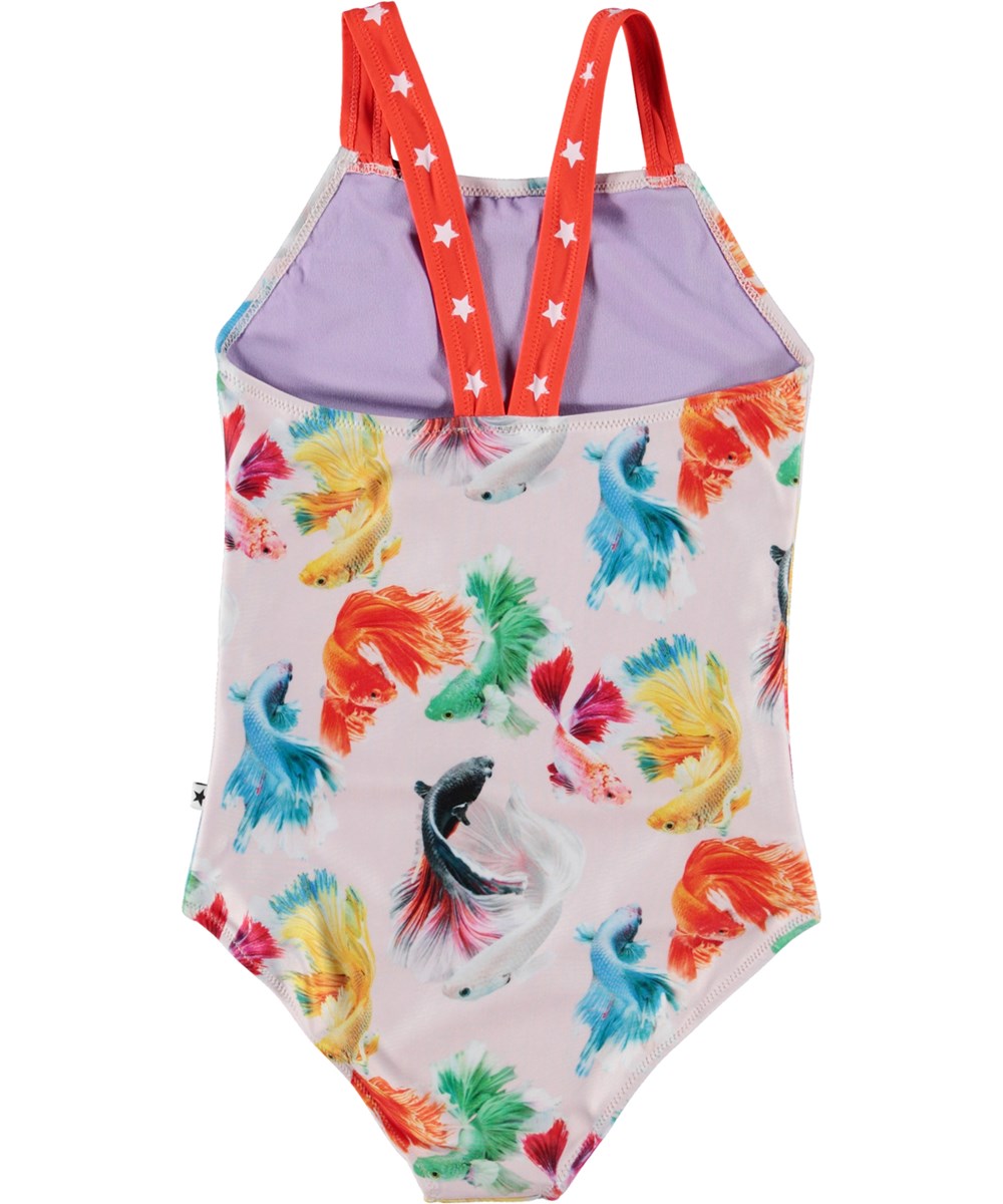 Nakia - Betta Flowers - Pink swimsuit with multi-coloured, all over fish print 