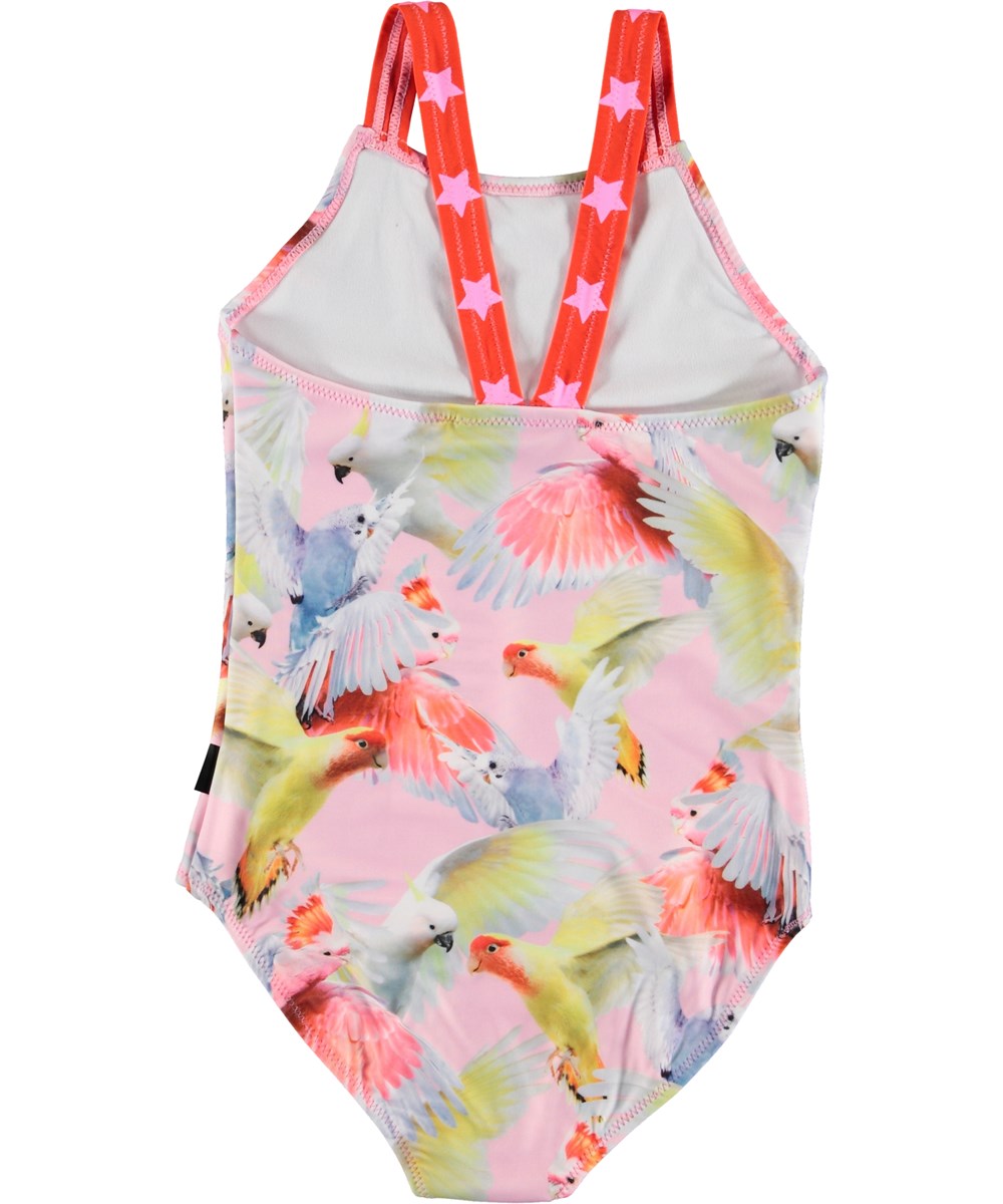 Nakia - Cockatoos - UV swimsuit with parrots and stars on straps 