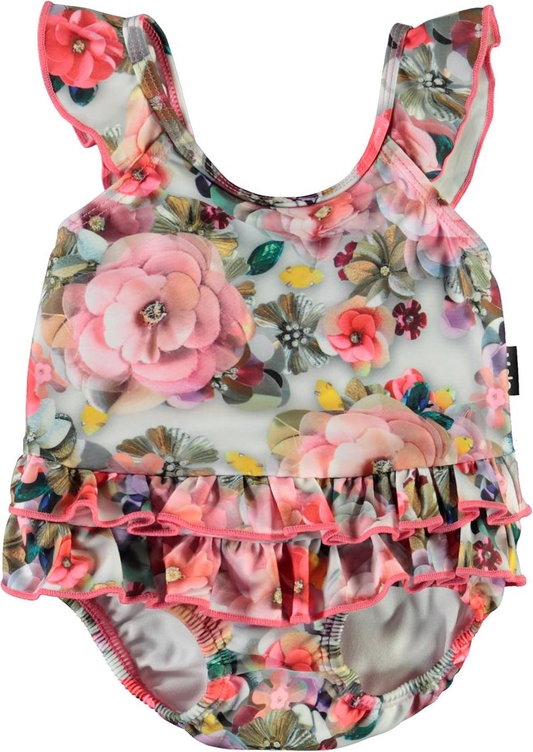 Nalani - Sequins Flowers - UV baby ruffle swimsuit with flowers 