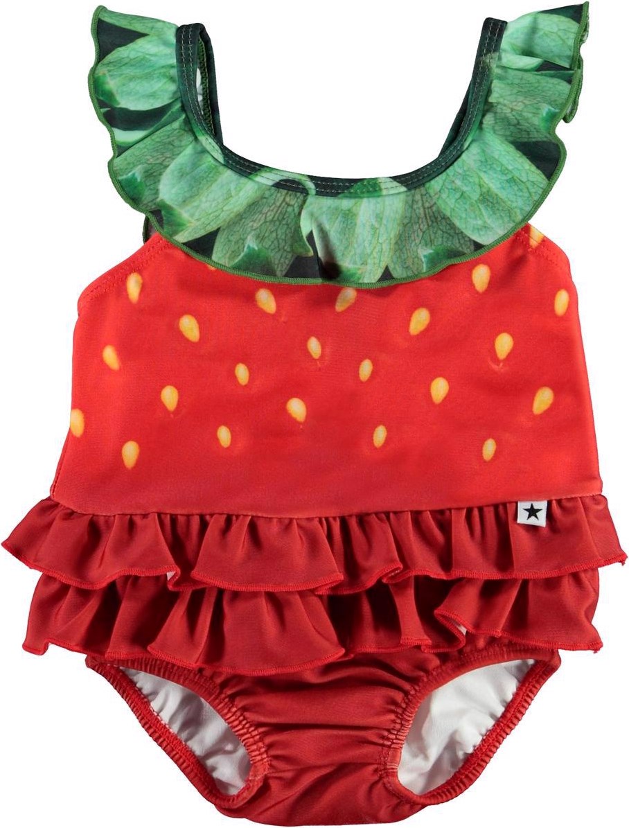 Nalani - Strawberry - UV ruffled baby swimsuit with strawberry print