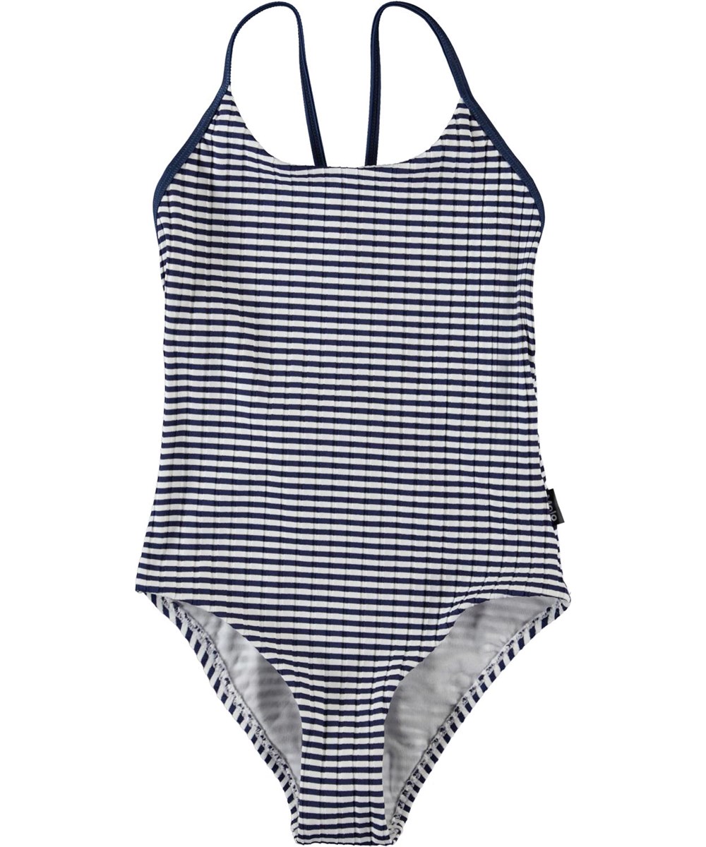Nanna - Navy Stripe - UV swimsuit with blue and white stripes 