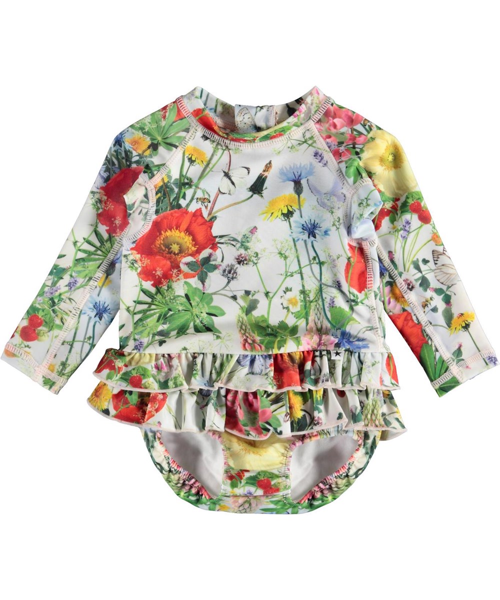 Narice - Meadow - Long sleeve baby swimsuit with ruffle and wildflowers