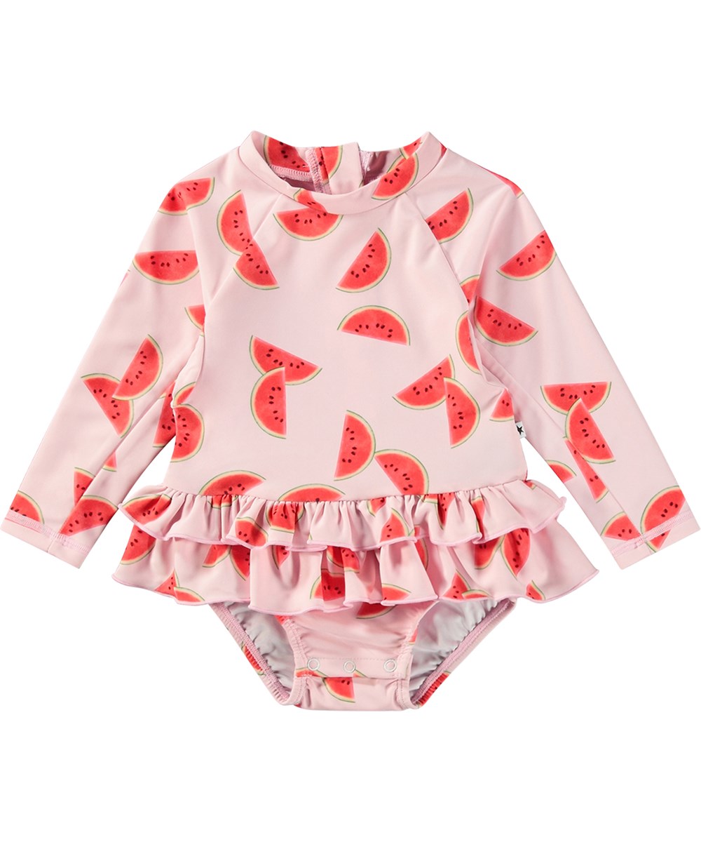 Narice - Melon Pink - Pink baby swimsuit in recycled polyester with UV protection 50+.