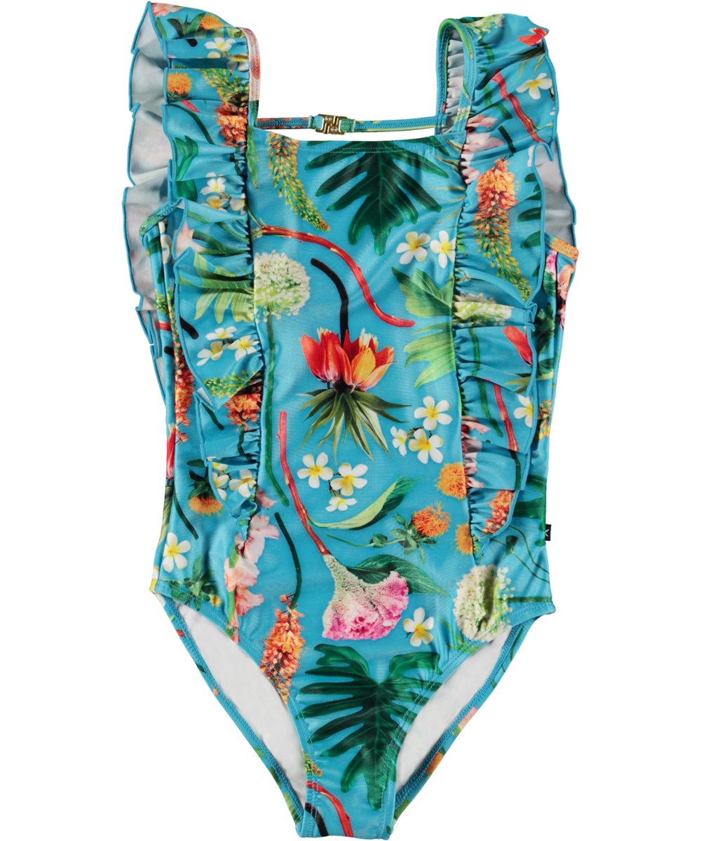 Nathalie - Flower Puzzle - Blue swimsuit with ruffle and all over floral print