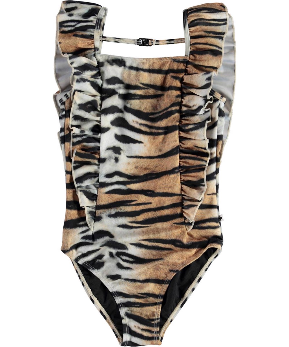 Nathalie - Tiger Stripes - UV swimsuit in a tiger print with ruffles