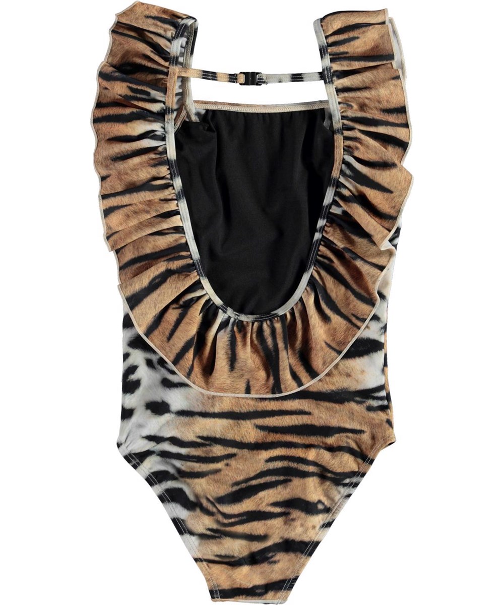 Nathalie - Tiger Stripes - UV swimsuit in a tiger print with ruffles