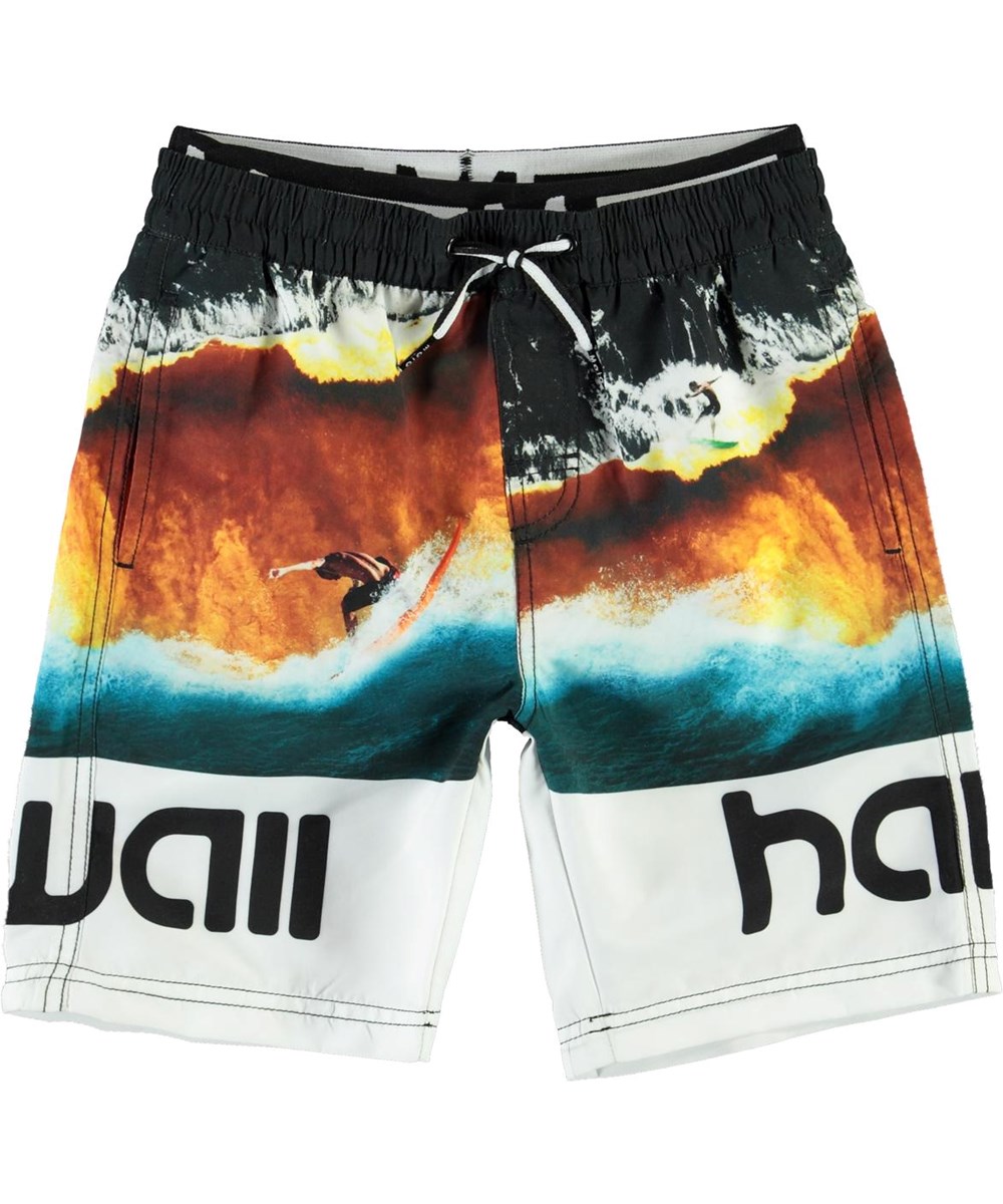 Neal - Colour Block Waves - Long UV swim trunks with Hawaii print