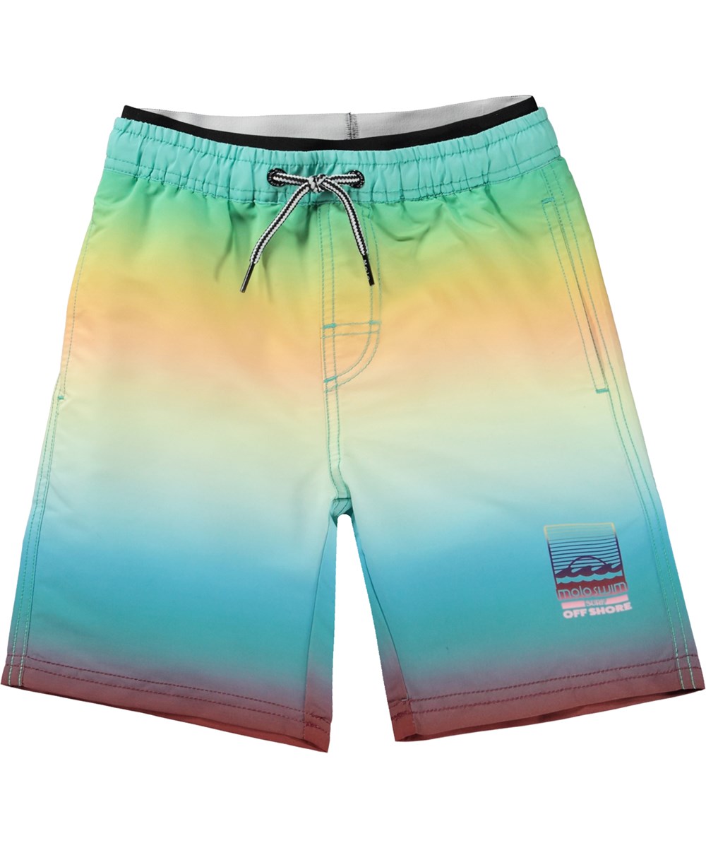 Neal - Faded Colours - Yellow, turquoise and green swim shorts with extra length and placement gradient colour print
