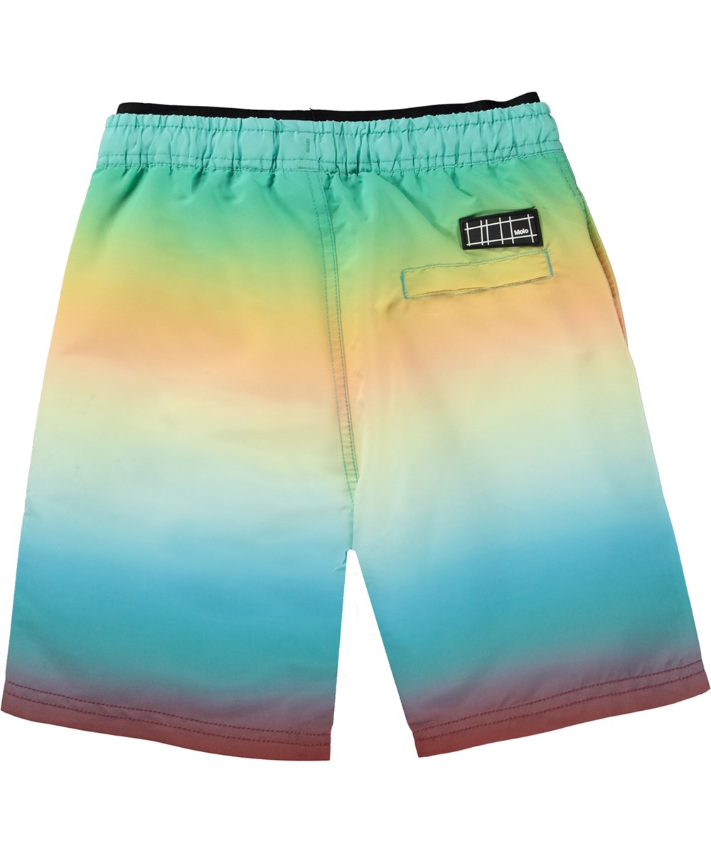 Neal - Faded Colours - Yellow, turquoise and green swim shorts with extra length and placement gradient colour print