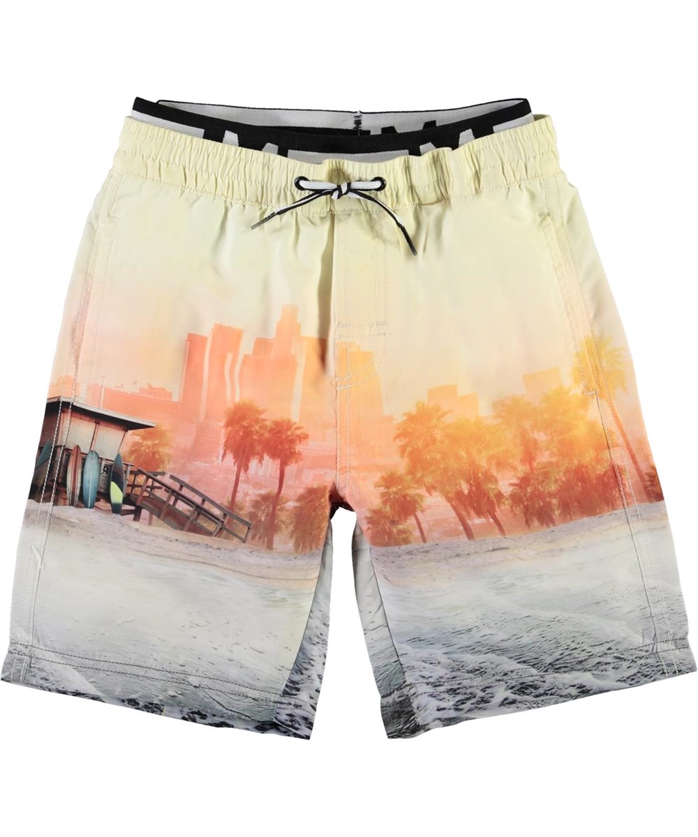 Neal - Off Shore - Long UV swim trunks with beach print 