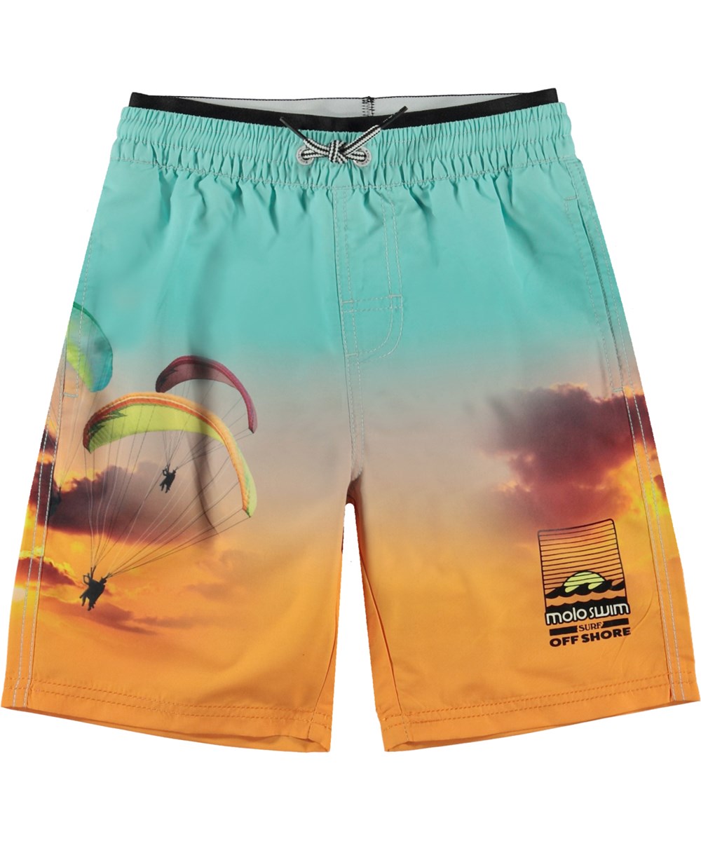 Neal - Parachute - Turquoise and orange swim shorts with skydivers 