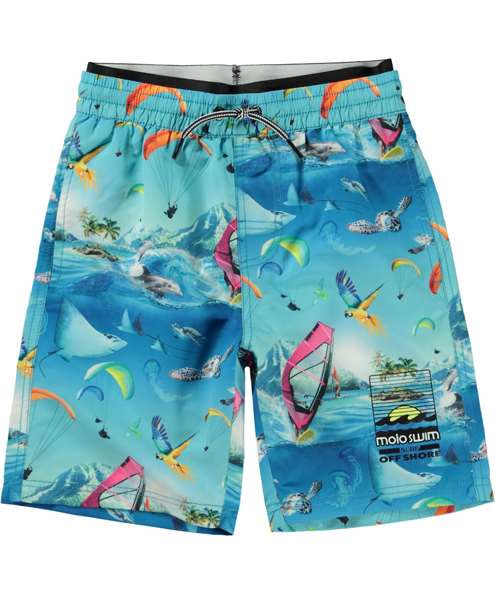 Neal - Passion For Motion - Blue swim shorts with a print of sports and dolphins 