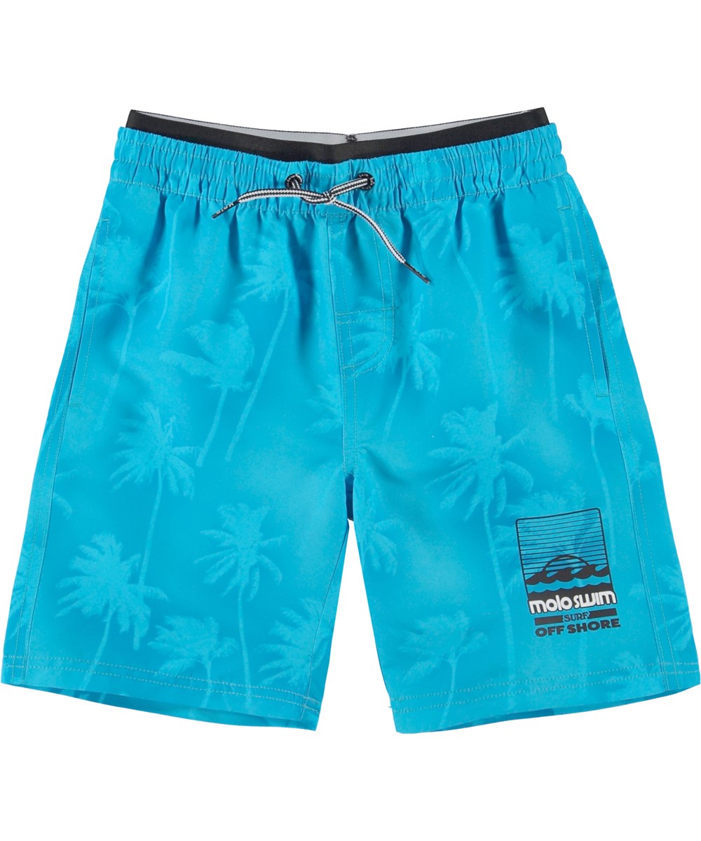 Neal - Spray Palms - Long, turquoise swim shorts with palm trees 